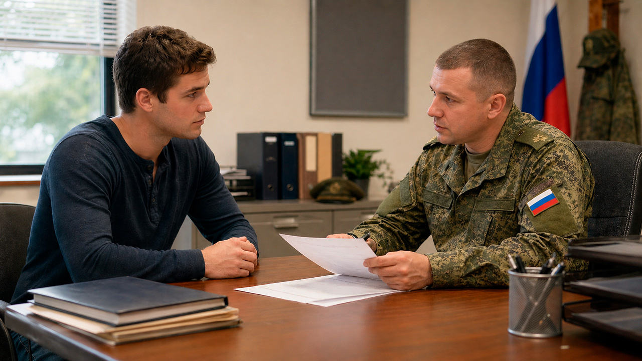 Молодой мужчина в гражданской одежде обсуждает документы с военнослужащим армии РФ в кабинете пункта отбора на службу по контракту