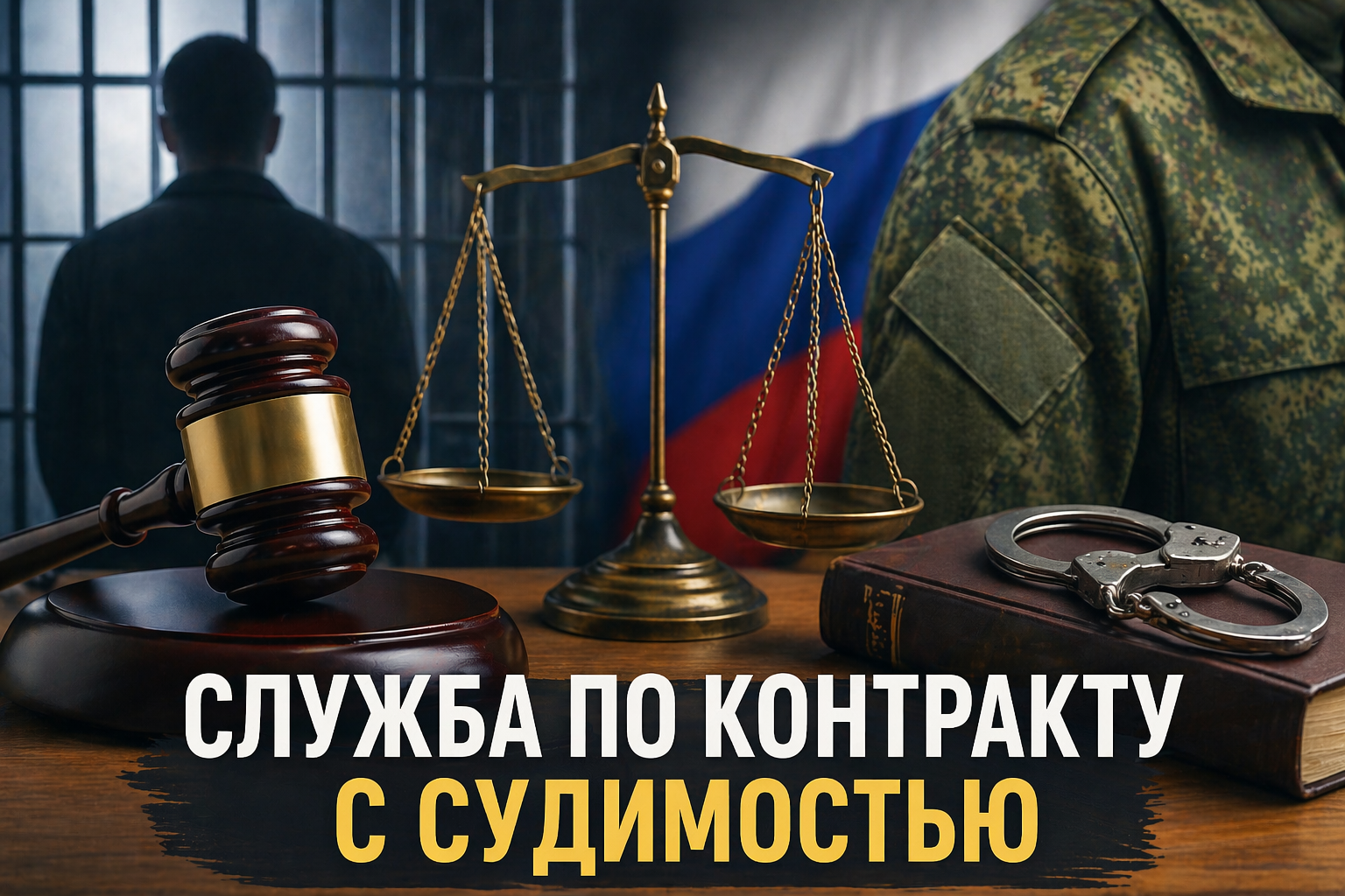 Судебный молоток и весы правосудия на фоне военной формы — тема службы по контракту с судимостью
