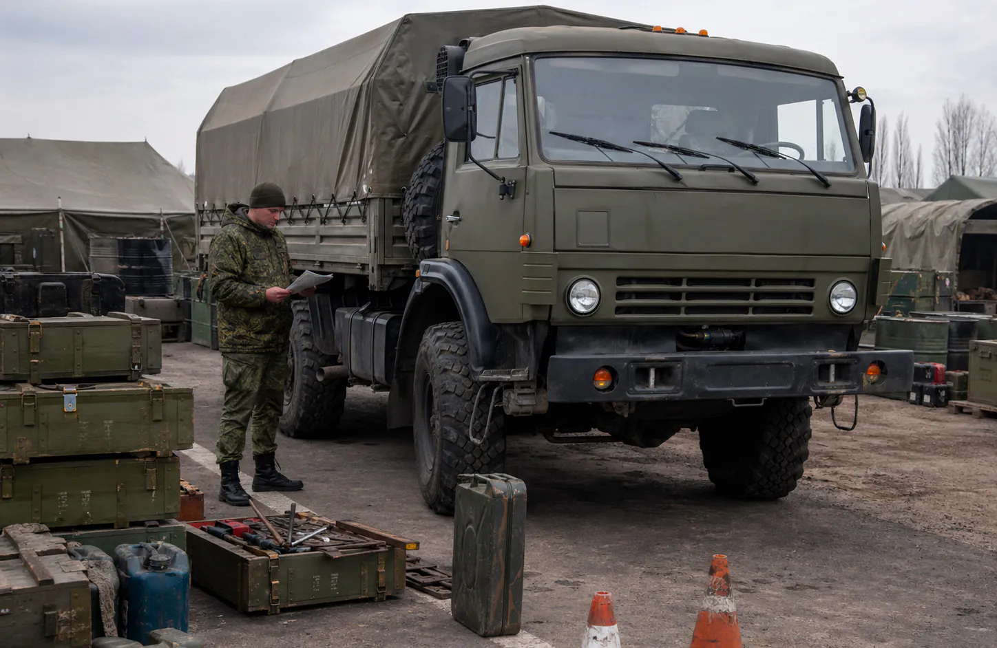 Водитель снабжения на СВО по контракту рядом с грузовым автомобилем